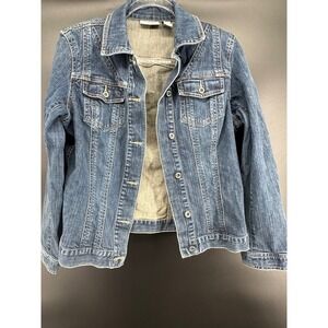 Chicos Platinum Denim Jacket Womens Size 1 Medium Wash Stretch Trucker Blue